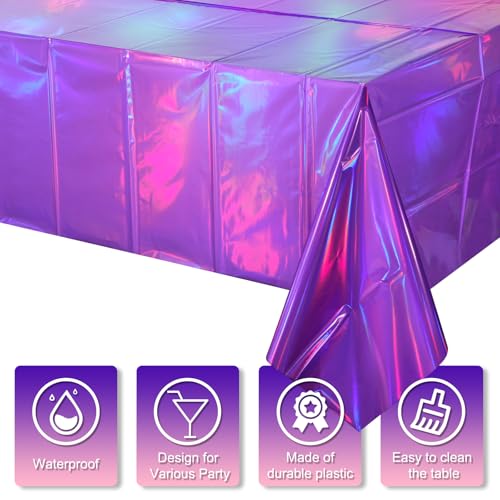Image of 3 Pack Iridescent Pink and Purple Kpop Plastic Tablecloths, FunnyPars Disposable Rectangle Table Covers, Holographic Metallic Foil Tablecloth Iridescent Party Decorations for Kpop Birthday, 54x108Inch