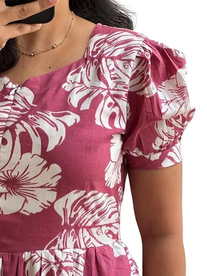 Image of Women's Floral Printed Tiered Midi Dress, Puff Sleeves, Square Neck, Button-Front