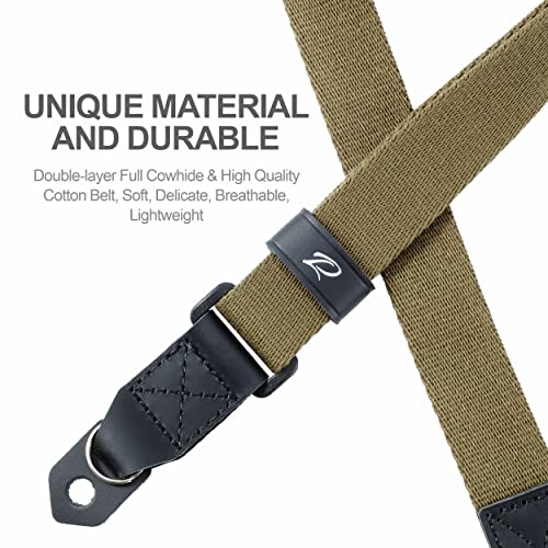 Olive Green Adjustable Camera Strap - 1" Pure Cotton Woven Straps With Full Grain Cowhide Head, Universal Neck & Shoulder Straps For All Digital Cameras,Camera Straps For Photographers #TOP2
