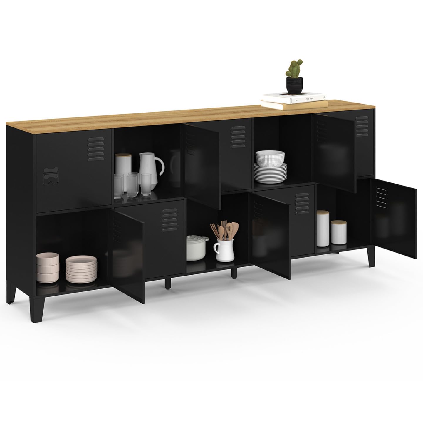IDMarket – Aparador de armario 180 cm Ester 10 puertas de metal negro bandeja madera diseño industrial