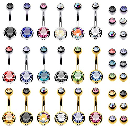 BodyJ4You 18PC Belly Button Rings Navel Piercing Curved Banana Barbells 18 Replacement Balls Pack 14G Black Goldtone Stainless Steel CZ Crystal Girl Women Teen Gift Jewelry