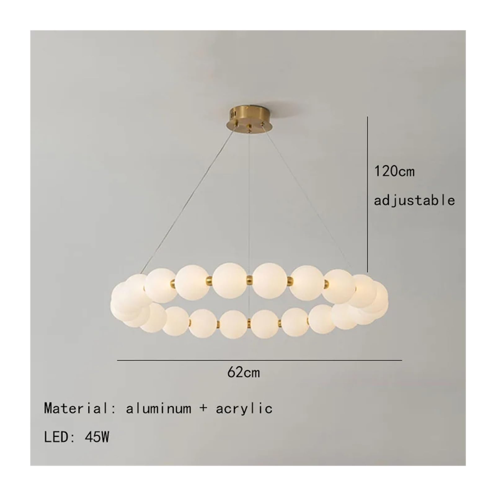 Nowoczesna biała akrylowa lampa wisząca z kulką i miedzianą diodą LED, idealna do oświetlenia jadalni lub sypialni (średnica 62 cm).