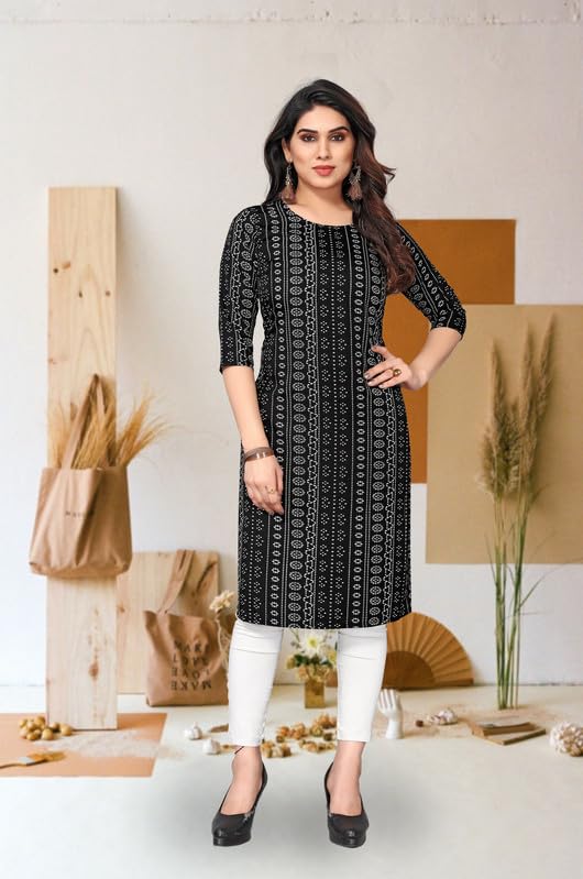 Image of JAKHANA Women's Crepe Printed Casual Straight Calf Length Round Nick Kurta Pack of 4