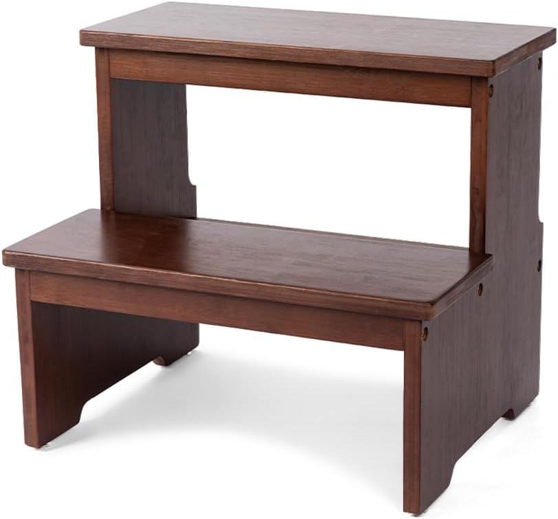 Image of Solid Sheesham Wooden Two Step Stool for Adults and Kids, Bed Stepstool with Anti-Slip Bottom, Heavy Duty for Kitchen, Bathroom, Bedside Step Stool, Wooden Step Stairs 350 lbs Capacity