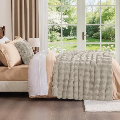 Image of BEDELITE Faux Fur Throw Bubble Blanket for Couch, 60 inch x 80 inch, Linen | 870GSM Soft Cozy Plush Blanket for Sofa & Bed Living Room Decor, Warm Fuzzy Faux Rabbit Fur for Women Gift, All Season Use