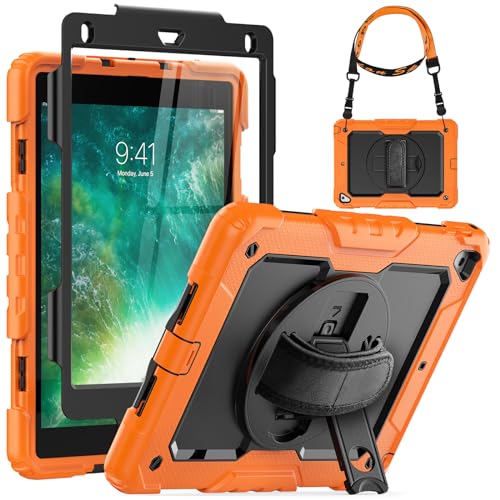 SEYMCY for iPad Air 2 Case/iPad 6th 5th Generation Case/iPad Pro 9.7 Case Full-Body Protective Heavy Duty with 360 Degree Rotating Strap Stand/Pen Holder/Screen Protector - Black/Orange