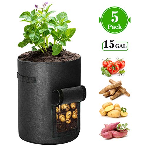 KAUFAM 5 Pack Plant Grow Bag 15 Gallon for Potato Tomato Carrot & Other Vegetable with Harvest Window and Handles, Easy to Use Flower Non-Woven Growing Bag Planting Box Container Garden Indoor Outdoor