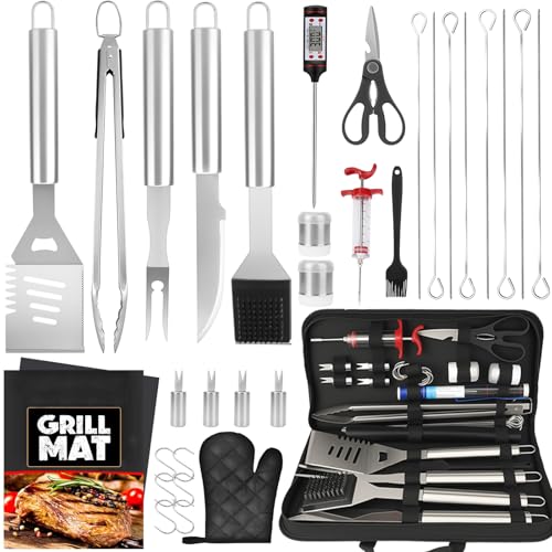 SINZUX BBQ Grill Accessories, 32Pcs Grilling Gifts for Men Birthday Fathers Day, Heavy Duty Stainless Steel Grill Tool Set, Grill Utensils Kit for Outdoor Grill with Case, Thermometer & Meat Injector