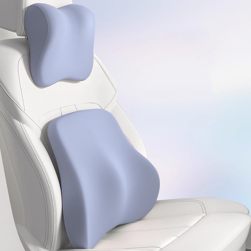 Zagłówek samochodowy i poduszka podparcia lędźwi. Ergonomiczny zestaw poduszek pod kark. Zagłówek samochodowy i podparcie lędźwi z pianki memory(Blue)
