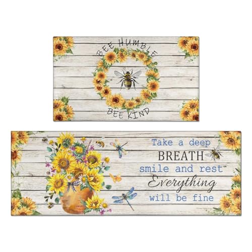 wyoansfhd Sunflowers Farmhouse Kitchen Rug Sets of 2 Piece Non Slip Bee Kitchen Rugs and Mats Washable Summer Kitchen Mats for Kitchen Floor Mat Carpet Runner Rugs for Hallway 17”x30“+17'' X 47''