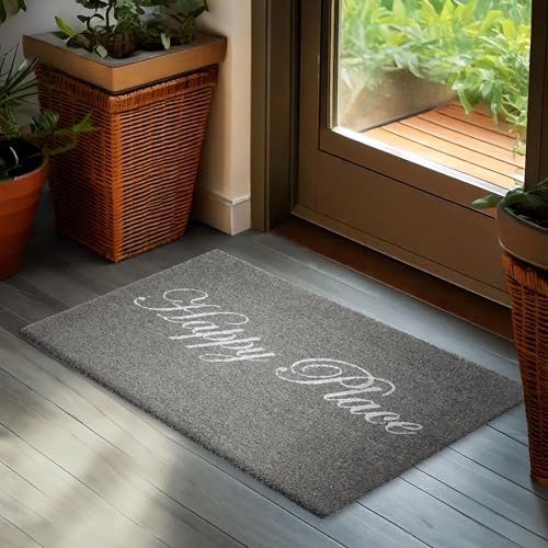 BRUBAKER Paillasson pour Extérieur et Intérieur - Happy Place - 45 x 75 cm Tapis de Propreté 100% Coco - Imperméable et Antidérapant avec Inscription...
