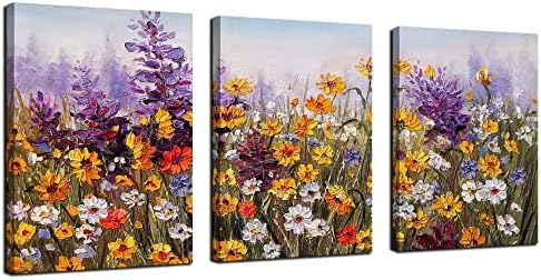 Ardemy Flowers Wall Art Daisy Colorful Bathroom Decor Canvas Bloosom Artwork Painting Modern Landscape, Purple Floral Pictures Framed for Living Room Bedroom Kitchen Office Home Decor 12"x16"x3 Panels