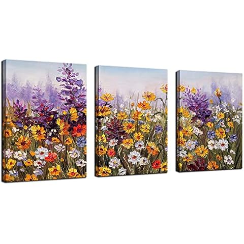Ardemy Flowers Wall Art Daisy Colorful Bathroom Decor Canvas Bloosom Artwork Painting Modern Landscape, Purple Floral Pictures Framed for Living Room Bedroom Kitchen Office Home Decor 12"x16"x3 Panels Cover