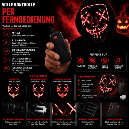 LED Leucht Grusel Maske rot - wie aus Purge steuerbar, für Halloween, Fasching & Karneval als Kostüm für Herren & Damen – Ansicht 4