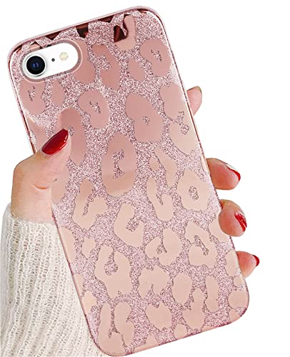 J.west iPhone SE 2022 Case/SE 2020/iPhone 7 Case/iPhone 8 Case 4.7', Luxury Soft Pink Glitter Leopard for Women Cheetah Print Metallic Design Silicone Slim TPU Protective Phone Case Cover(Rose Gold)