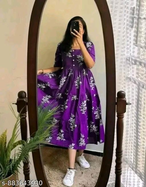 Image of Women's Rayon A-Line Midi Dress, Floral Print, Short Sleeves, Tiered Design, Round Neck, Summer Wear