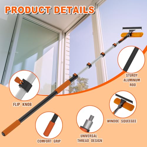 Image of SISUPASSIE 36FT Reach 2-in-1 Window Squeegee, Professional Window Washing Kit with 7-30FT Extension Pole for Home, Indoor Outdoor Squeegee with Rotatable Head for High Windows