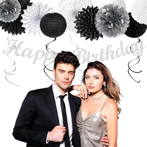 Image of Black White Silver Birthday Party-decorations - 21pcs Boys Men Happy Banner,Paper Streamers Lanterns Honeycomb,Tissue Pom Poms Fan,Adult Supplies Decor 16th 20th 40th 45th 50th 60th Huglony