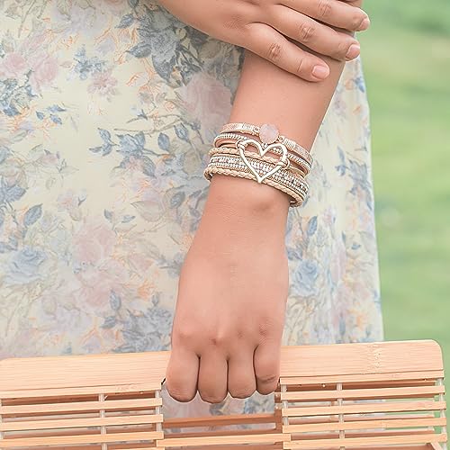 FANCY SHINY Heart Leather Wrap Bracelets Stackable Boho Cuff Bangles Trendy Resin Stone Rhinestone Bracelets with Magnetic Clasp for Women Mother Gift Jewelry - Image 4