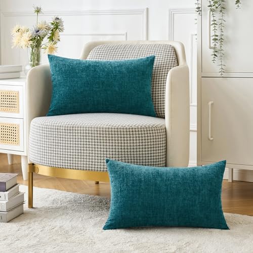 Image of MIULEE Pack of 2 Dark Teal Throw Pillow Covers 12x20 Inch Soft Chenille Lumbar Pillow Covers for Sofa Living Room Couch Solid Dyed Cases
