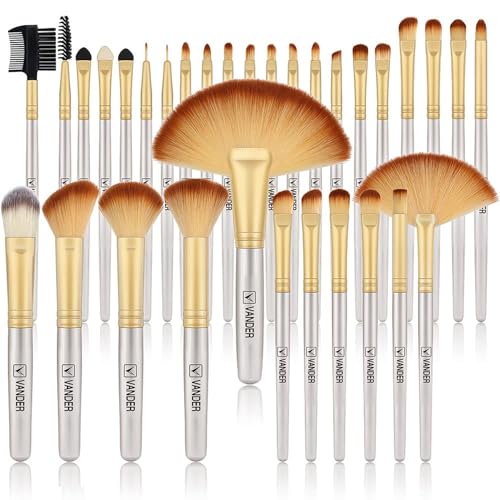 Image of Vander Make up Brushes Set, 32Pcs Premium Synthetic Make up Brush, Eyeshadow Contour Foundation Blending Face Cosmetic Brush Travel Make up Brushes for Women, Girl (Gold)