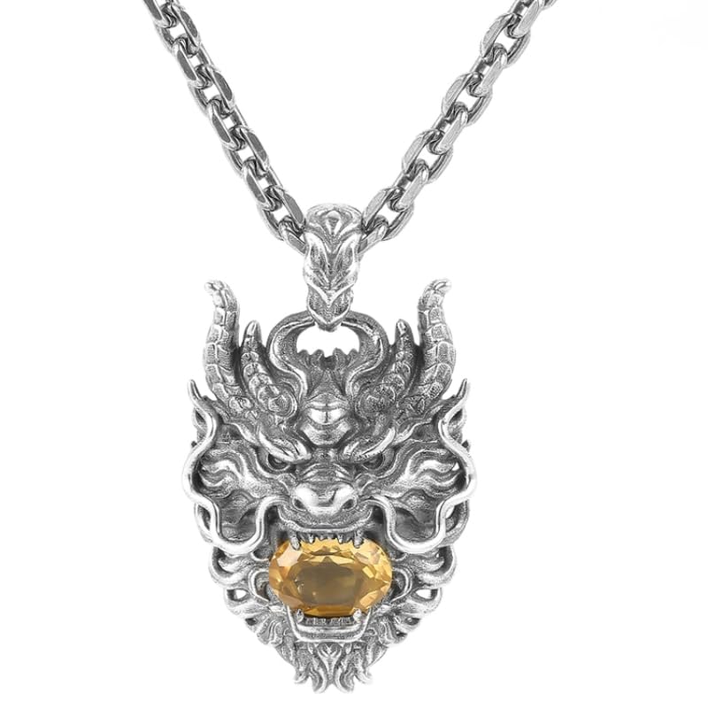 Collier dragon hommes personnalisé en argent 925 massif et cristal jaune véritable