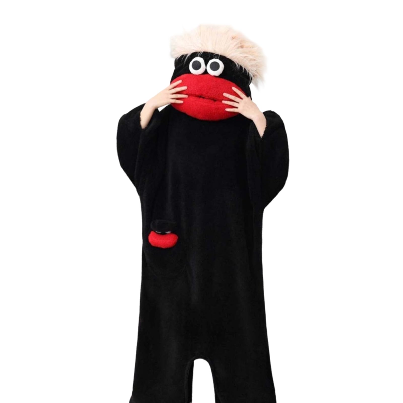 Ansamy Silly Onesie Funny Green Monster Onesie Pajamas for Adults, Fluffy Hooded Jumpsuit with Pockets, Wearable Blanket for Home Loungewear, Funny Big Mouth One Piece Loungewear Unisex (Black, L)