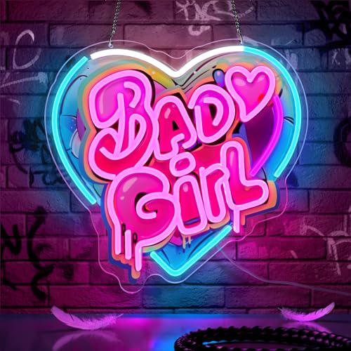 Bad Girl Neon Sign, Pink Neon Signs for Wall Decor, Dimmable Acrylic Neon Lights for Girls Room Bedroom Bar Club Playroom Party Decorations, Perfect Gifts