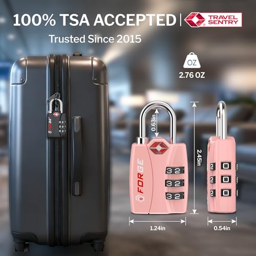 Image of Forge Open Alert TSA Approved Luggage Locks - 3 Digit Combination, Easy Read Dials, Zinc Alloy Body - Ideal Travel Lock for Luggage, Suitcases, Bags & Toolboxes. Pink 2 Locks.