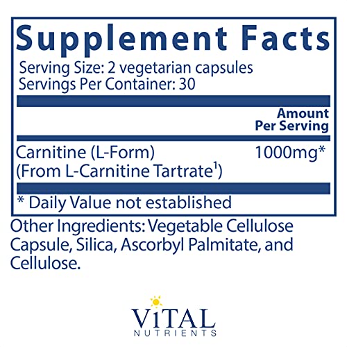 Vital Nutrients - Carnitine - Cardiovascular And Fat Metabolism Support - L-Carnitine Supplement - Heart Health Support - Supports Fatty Acid Transport - 60 Vegetarian Capsules Per Bottle - 500 Mg #TOP1