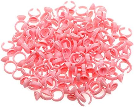 Chrontier 100 PCS Pink 2-Slots Cup Disposable Glue Adhesive Finger Ring for Individual False Volume Eyelash Extension Glue Pallet Holder Makeup Nail Art Microblading Tattoo Ink Pigment Tool Supply