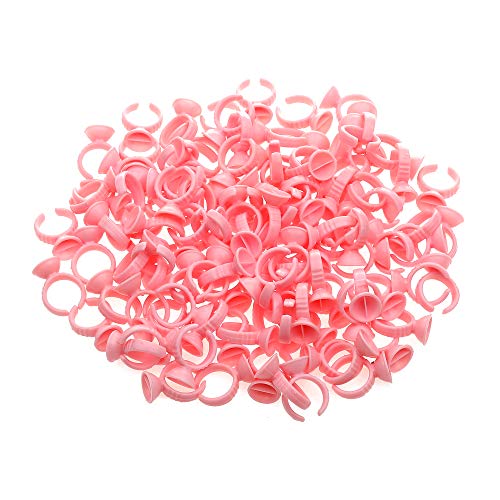 Chrontier 100 Pcs Pink 2-Slots Cup Disposable Glue Adhesive Finger Ring For Individual False Volume Eyelash Extension Glue Pallet Holder Makeup Nail Art Microblading Tattoo Ink Pigment Tool Supply #TOP25