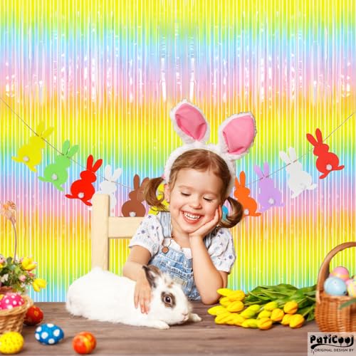 Image of Easter Decorations Thicken Pastel Rainbow Streamers, 2 Pack 3.2 x 8.2 FT Pastel Birthday Decrorations Tinsel Backdrop Curtains, Foil Fringe Photo Backdrop for Baby Shower, Spring Party Decorations