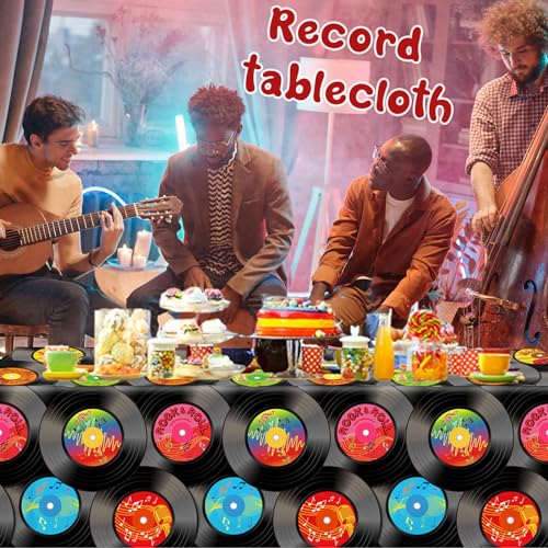 Image of 3Pcs Rock and Roll Tablecloth, 1950's Rock and Roll Music Party Decorations Plastic Rectangular Record Table Covers for 50's Theme Rock Music Birthday DJ Party Supplies