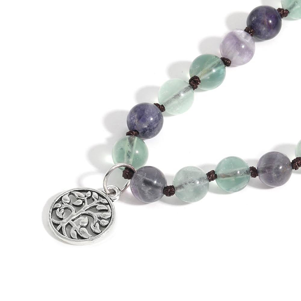 Generisch 108 Mala-Perlen-Knotenkette für Damen,Natürliches Buntes Fluorit-Armband,Lange Halskette Mit Quaste und Lebensbaum-Anhänger,Gebet,Spirituelle Meditation,Schmuck,Geschenke