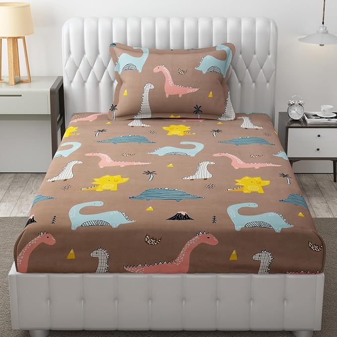 Image of RD FABS Wrinkle Free Glace Animal Print Cotton Bedsheet for Kids with 2 Pillow Cover| Soft Skin Friendly | Anti Fade (Double Bed King Size 90x95 Inches /Rosy /Dinosaur), 144 TC