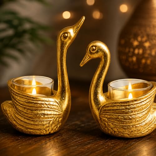Image of Swan Shape Candle Holder Set of 2 - Gold Decorative Metal Tealight Holders for Home Decor, Table Decoration, Living Room, Bedroom & Festive Decoration