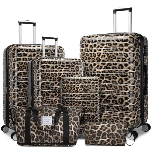 Image of LARVENDER Luggage Sets 6 Piece, Expandable Luggage Hardside PC+ABS Leopard Suitcase Sets with Spinner Wheels TSA Lock, Lightweight Rolling Suitcase for Men and Women, Cheetah Print