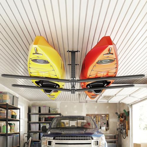 VEVOR Kajak-Aufbewahrungsregal für 2 Kajaks/Kanus/Surfbretter/Paddleboards, Kajakständer, Deckenregal zur Garagenmontage, Einstellbarer Kajakhalter (Deckenmontage) mit 113,4 kg Tragkraft
