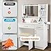 QUALIKRAFT Widescreen Vanity Set with LED Mirror & Stool, Makeup Desk with Built-in Power Outlet, 2 Drawers & 6 Shelves, Wide Lighted Dressing Table