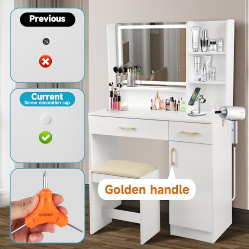 Image of QUALIKRAFT Widescreen Vanity Set with LED Mirror & Stool, Makeup Desk with Built-in Power Outlet, 2 Drawers & 6 Shelves, Wide Lighted Dressing Table