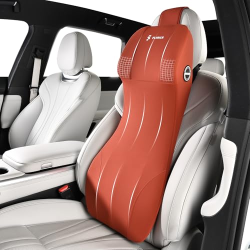 Image of FLORICH 2-in-1 Lumbar Support with Headrest Pillow for Car Ergonomic Memory Foam Car Seat Back Cushion Integrated Lumbar Pillow with Car Neck Pillow for Driving Seat Relief Back Sciatica Pain, Red