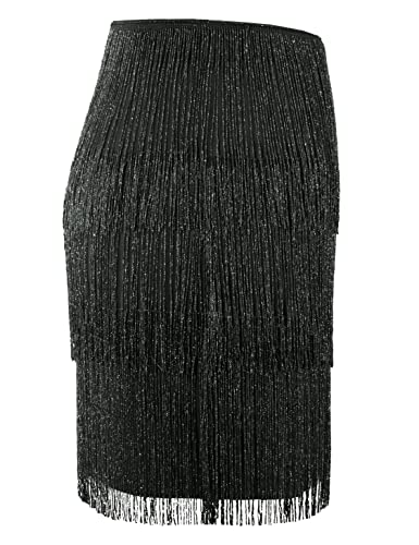 MANER Women’s Fringe Skirt Stretchy Sparkly Bodycon Tassel Trim Mini Skirt - Image 4