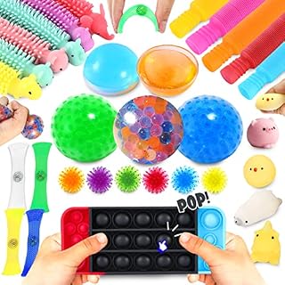Fidget Sensory Toys for for Autism, ADHD. 2 Stress Relief Balls, 2 Soybean Squeeze, 2 Flippy Chain and 3 Large Size Stretch Strings with Reusable Packaging (Premuim Quality)