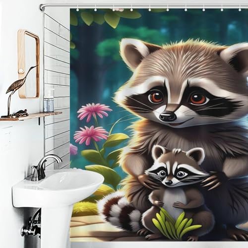 Rideau de douche raton laveur en polyester durable avec œillets renforcés