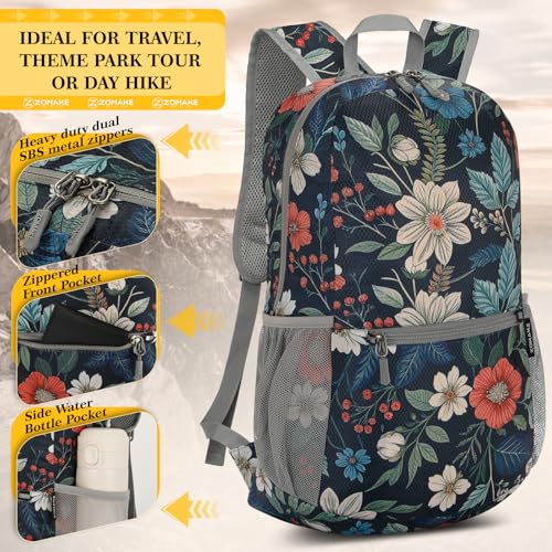 Image of ZOMAKE Ultra Lightweight Hiking Backpack 20L, Packable Small Backpacks Water Resistant Daypack for Women Men(Royal Blue, Floral Print)