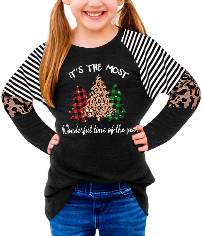 BesserBay Girls Christmas Raglan Long Sleeve Patchwork Shirt Tunic Top 4-14 Years