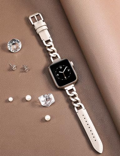 Wearlizer Leather Band Compatible with Apple Watch Band 41mm 40mm 38mm Women, Fancy Leather Strap + Stainless Steel Cowboy Chain Bracelet for iWatch 9/8/7/6/5/4/3/2/1/SE/Ultra2-Starlight/Starlight