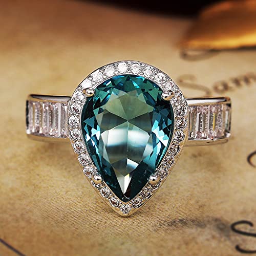 925 Sterling Silver Plated Simulated Blue Topaz Pear Shaped Halo Promise Ring for Women3