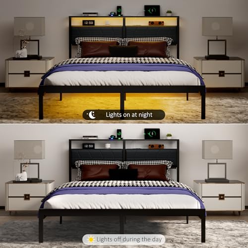 Image of J.Fkne Queen Bed Frame with LED Lights & Charging Station, Metal Platform Bed Frame with 2 Tier Storage Headboard, Under Bed Storage, No Box Spring Needed, Noise Free, Easy Assembly